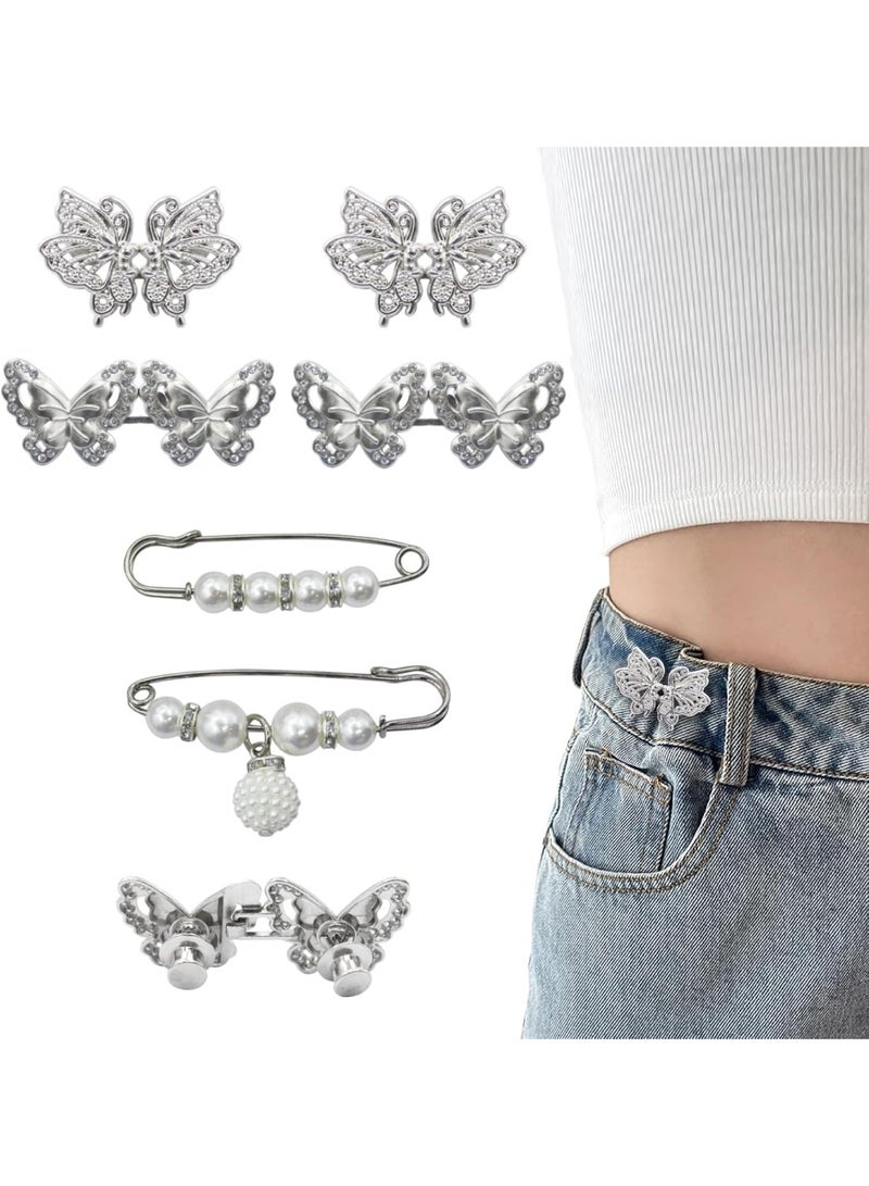 ChicAbode مجموعة من 6 قطع لتضييق خصر البنطلون، دبابيس أزرار على شكل فراشة للجينز الفضفاض، مشبك خصر قابل لإعادة الاستخدام، بروش لؤلؤي للملابس والتنانير والفساتين، إكسسوارات تزيين بدون خياطة - Image 1